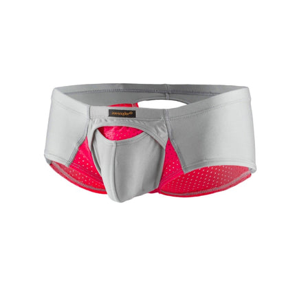 Gray and pink perforated mesh briefs with central pouch design and joe’s underwear label in joe snyder cheek sexiest