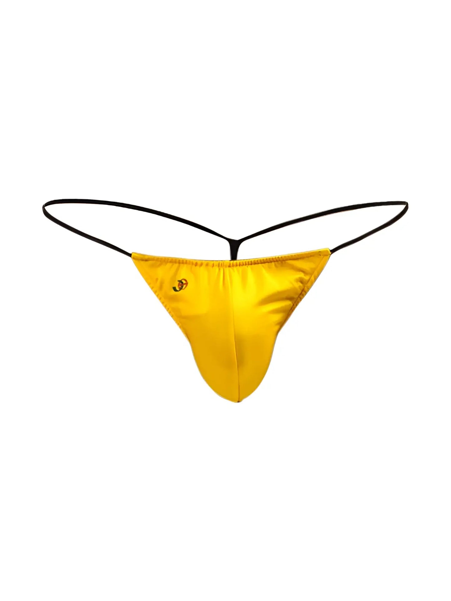 Bright yellow satin Joe Snyder g-string thong with black elastic straps shown from the back side
