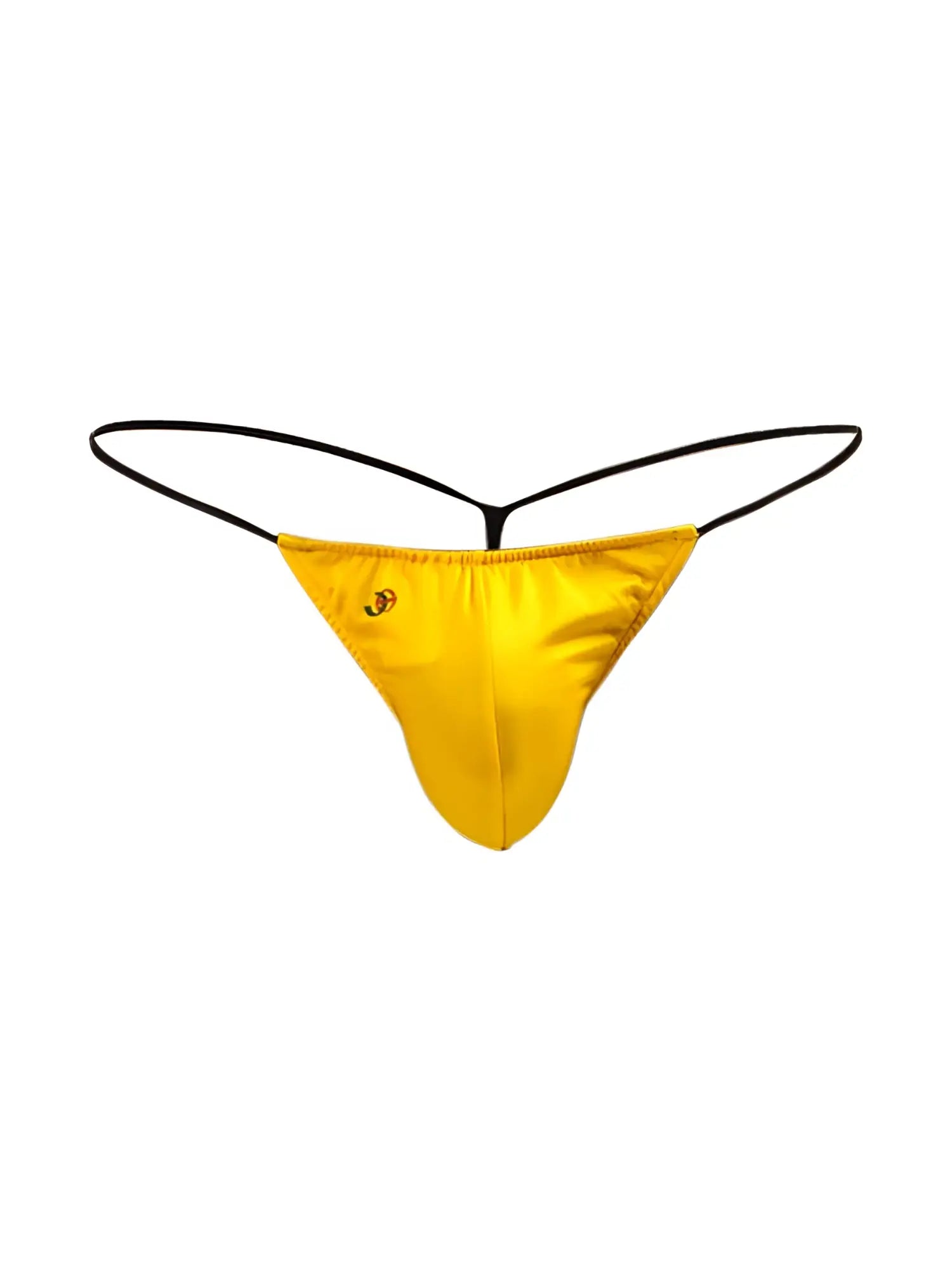 Bright yellow satin Joe Snyder g-string thong with black elastic straps shown from the back side