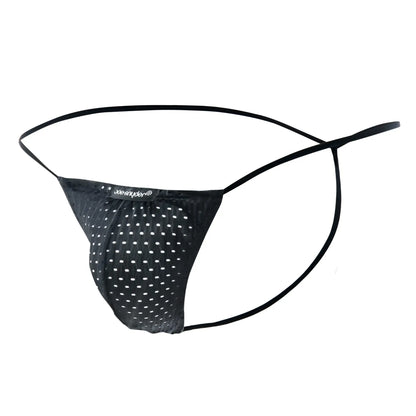Black mesh thong with white polka dots and thin elastic straps from Joe Snyder G-String Holes final sale product