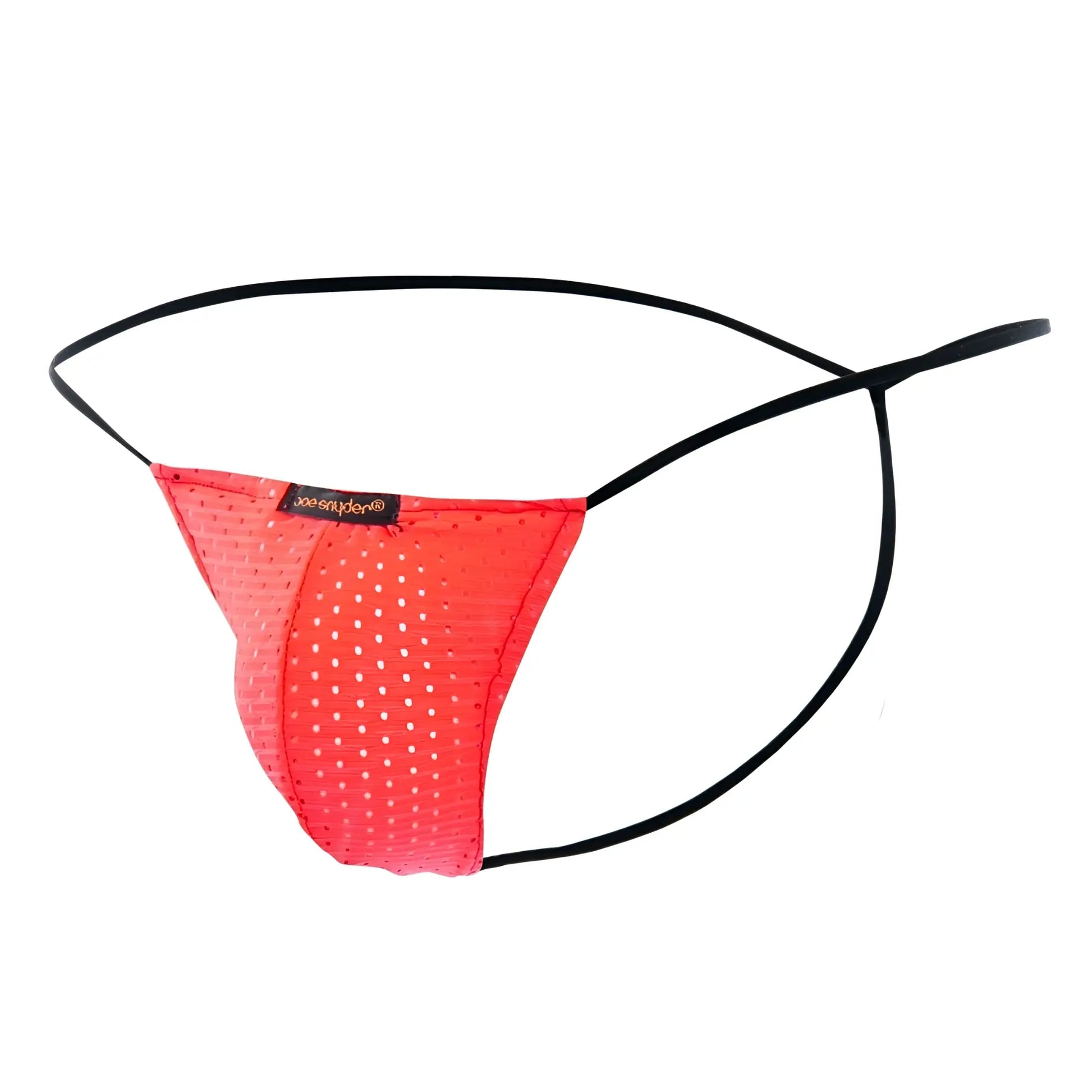 Bright red perforated mesh thong with black elastic straps from joe snyder g-string holes final sale displayed from the back