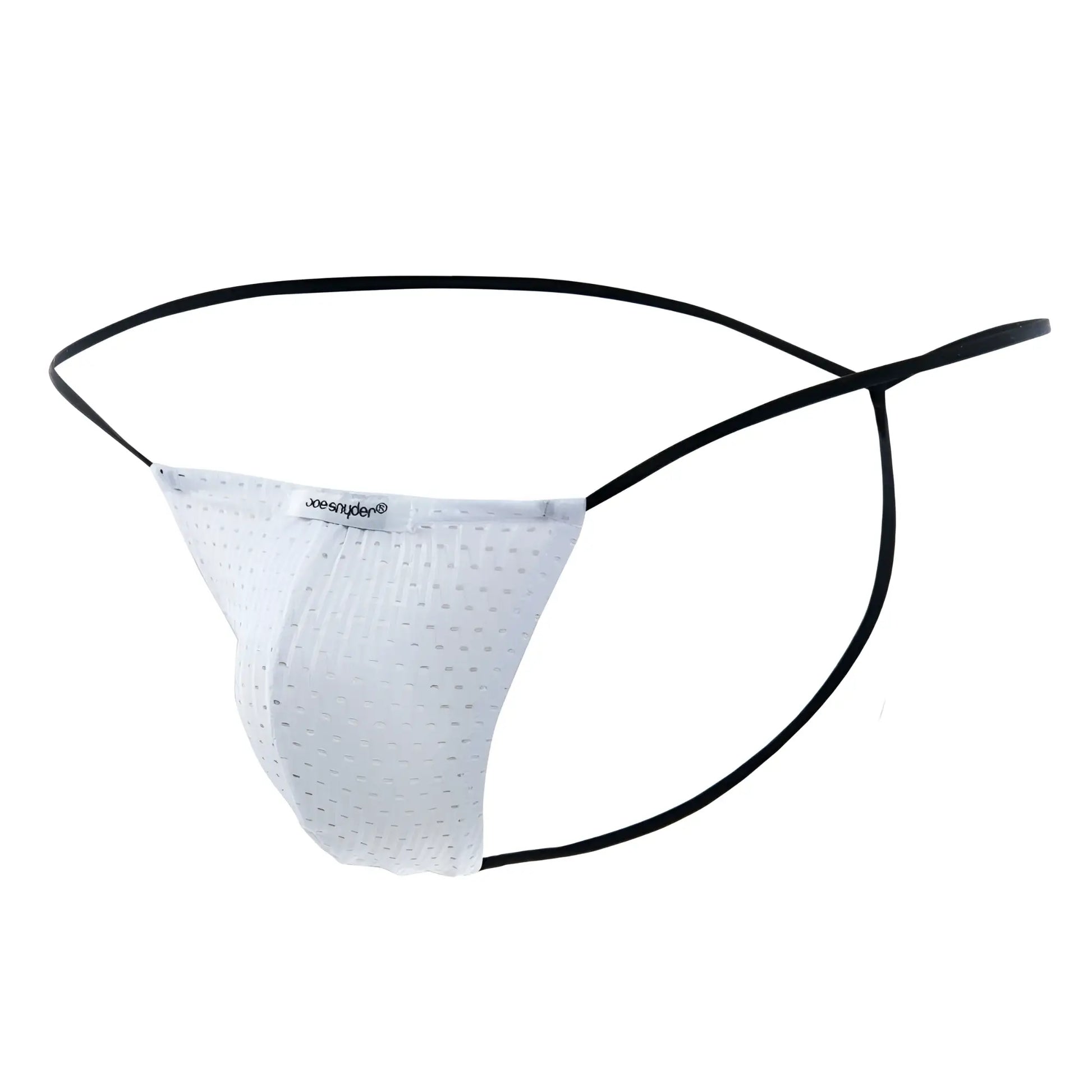 White perforated mesh thong with black elastic straps and joesnyder label from Joe Snyder G-String Holes final sale