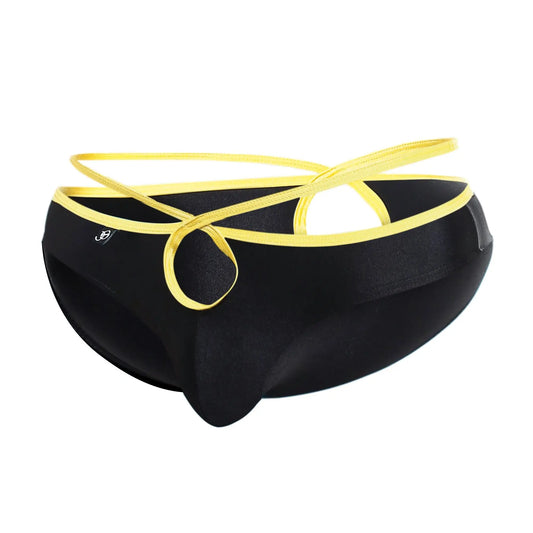 Black men’s briefs joe snyder holes bikini with shiny gold elastic waistband and matching crisscross straps