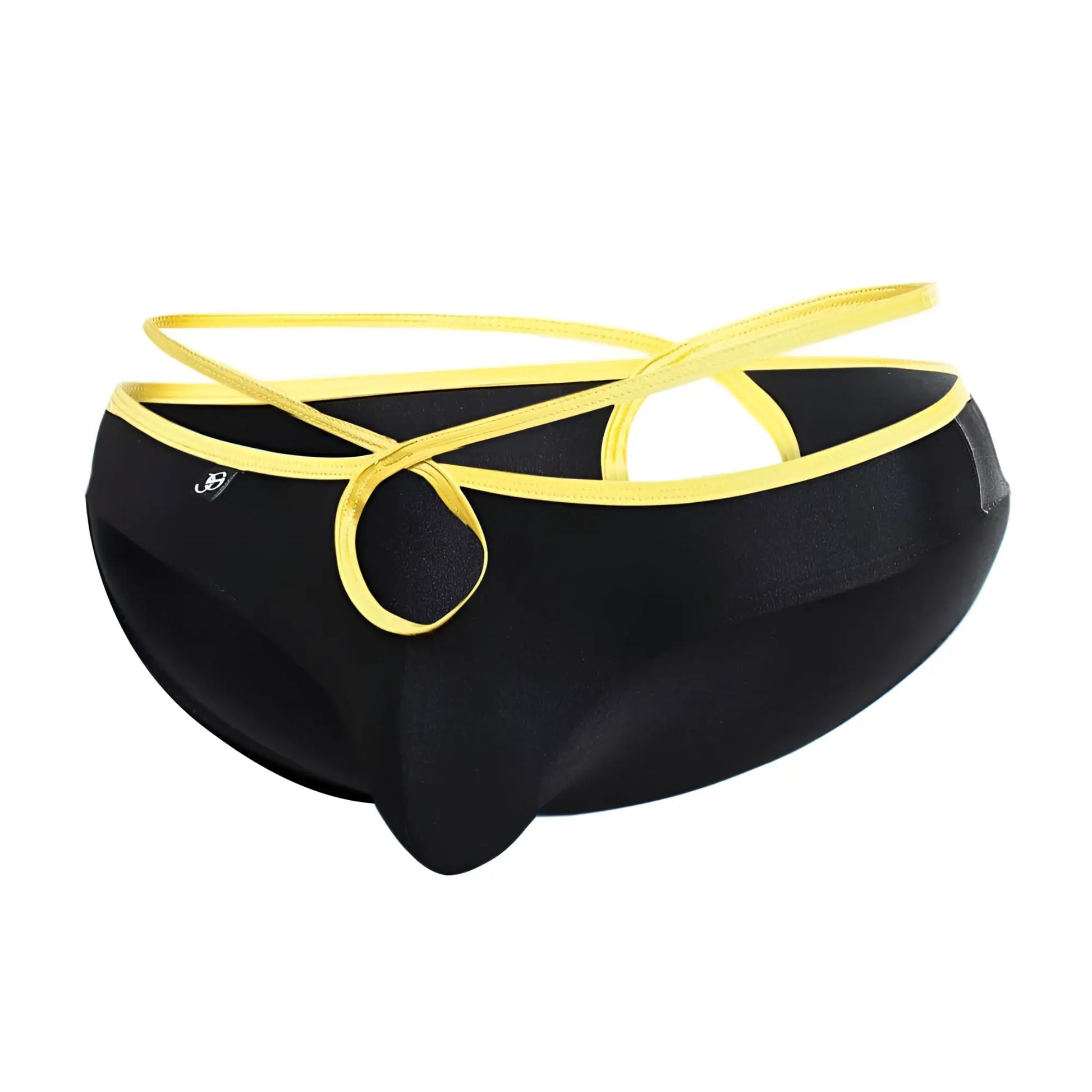Black joe snyder holes bikini swim trunks with yellow elastic straps and matching trim showing the back side