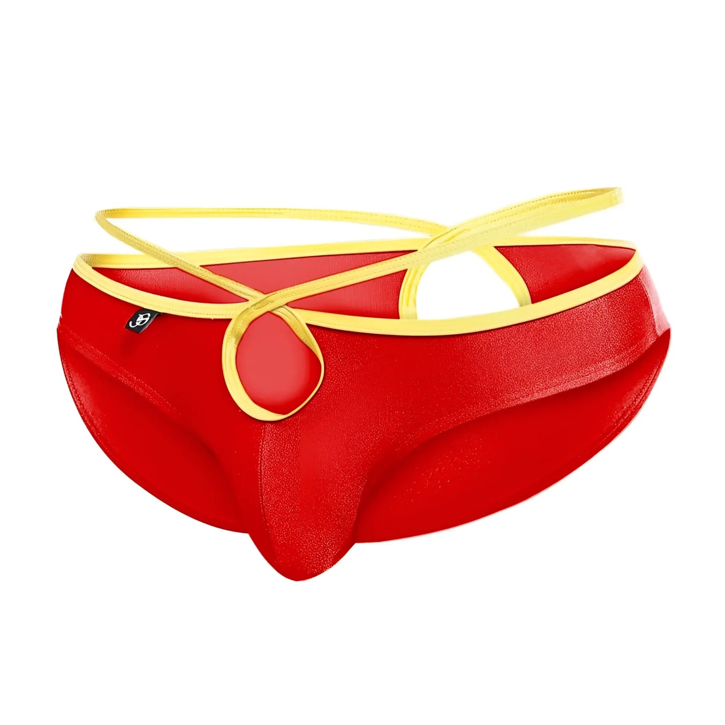 Joe Snyder Holes bikini red and gold men’s briefs with shiny stretchy fabric and yellow crisscross elastic straps
