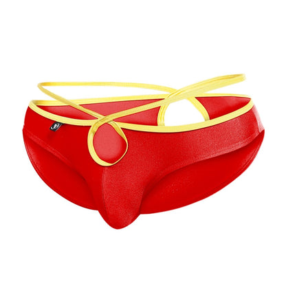 Joe snyder holes bikini men’s briefs in red and gold shiny stretchy fabric with crisscross yellow elastic straps
