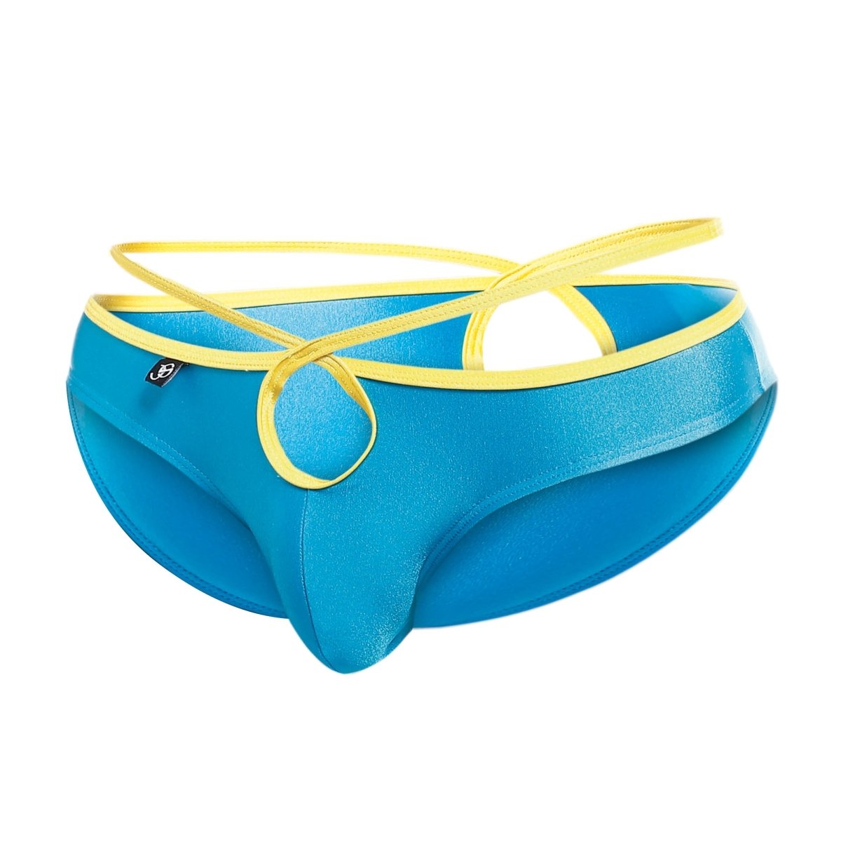 Vibrant blue joe snyder holes bikini swim trunks with shiny satin finish and yellow elastic straps crossing front