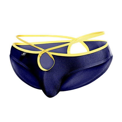 Joe Snyder Holes Bikini navy blue satin briefs with bold yellow elasticized crisscross front strap design