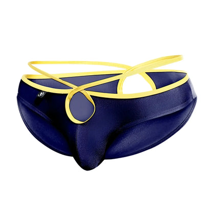 Joe Snyder Holes Bikini navy blue satin briefs with bold yellow elasticized crisscross front strap design