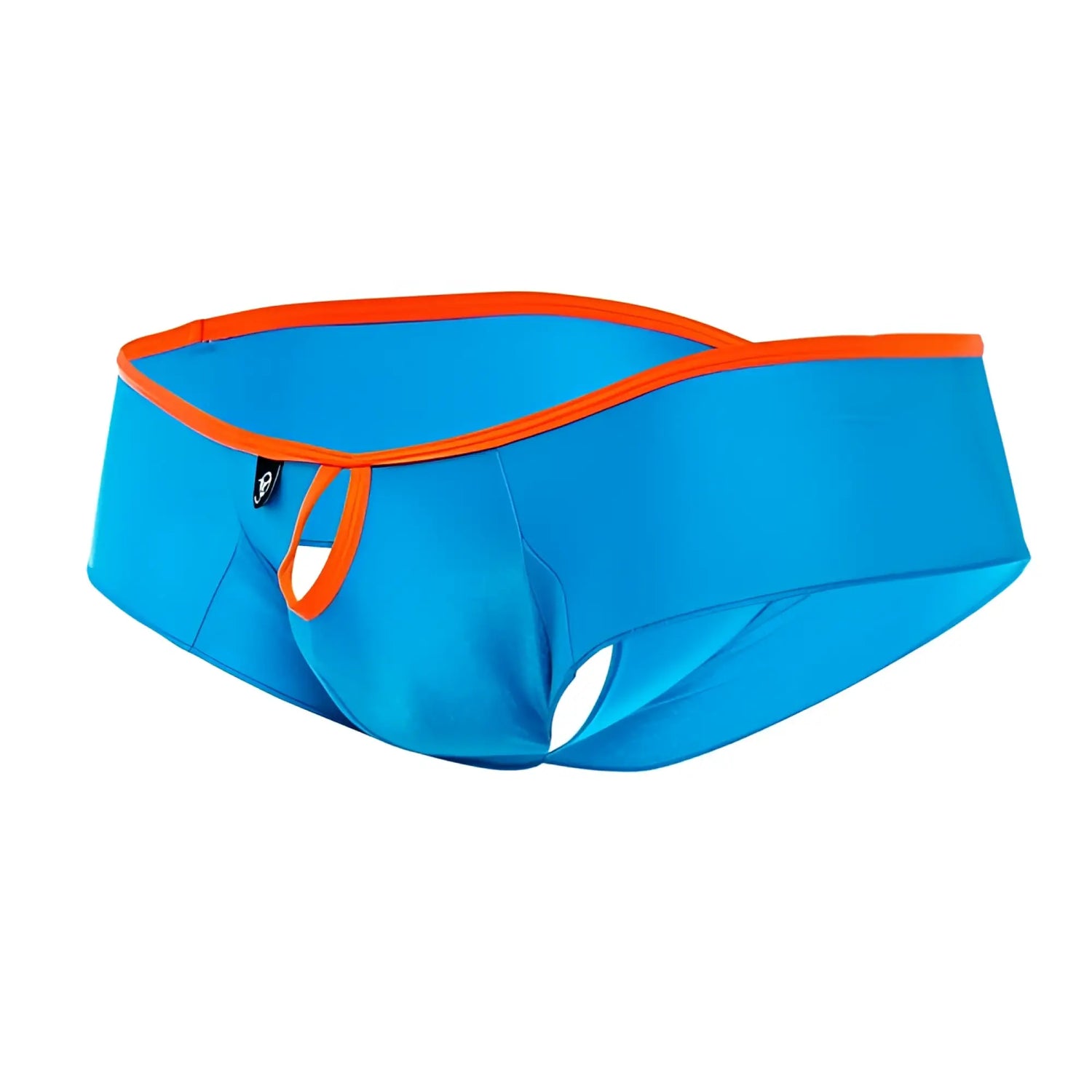 Bright blue joe snyder holes mini cheek swim trunks with bold orange trim and distinctive cutout design