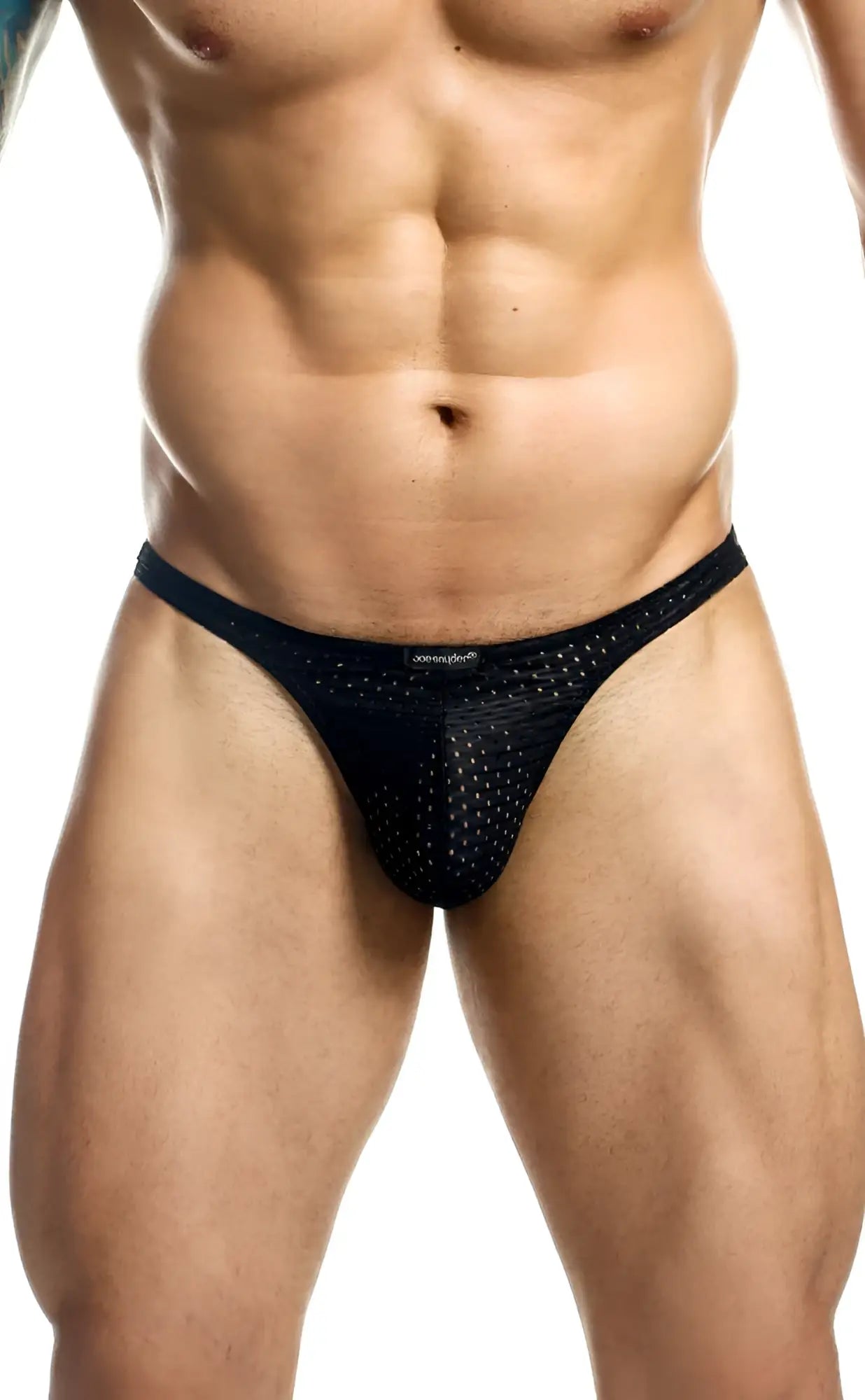Black mesh joe snyder holes thong with perforated design and jonathan brand name on waistband visible from back side