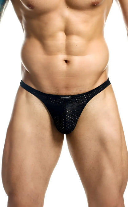 Black mesh joe snyder holes thong with perforated design and jonathan brand name on waistband visible from back side