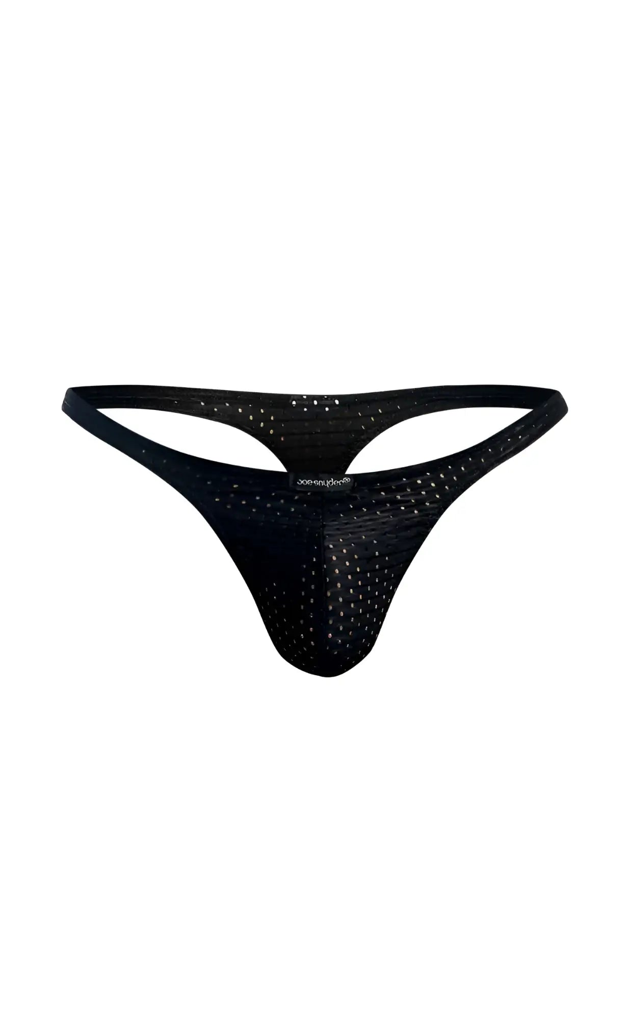 Black mesh Joe Snyder Holes thong with sleek form-fitting design and breathable subtle perforations on the back side