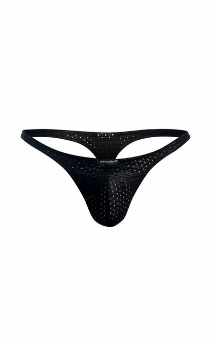 Black mesh joe snyder holes thong with perforated design and jockstrap brand name on waistband visible from back
