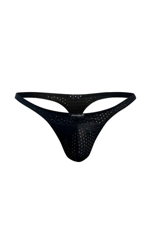 Black mesh joe snyder holes thong with perforated design and jockstrap brand name on waistband visible from back