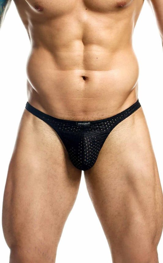 Black mesh Joe Snyder Holes thong with perforated design and small brand tag at waistband shown from the back side
