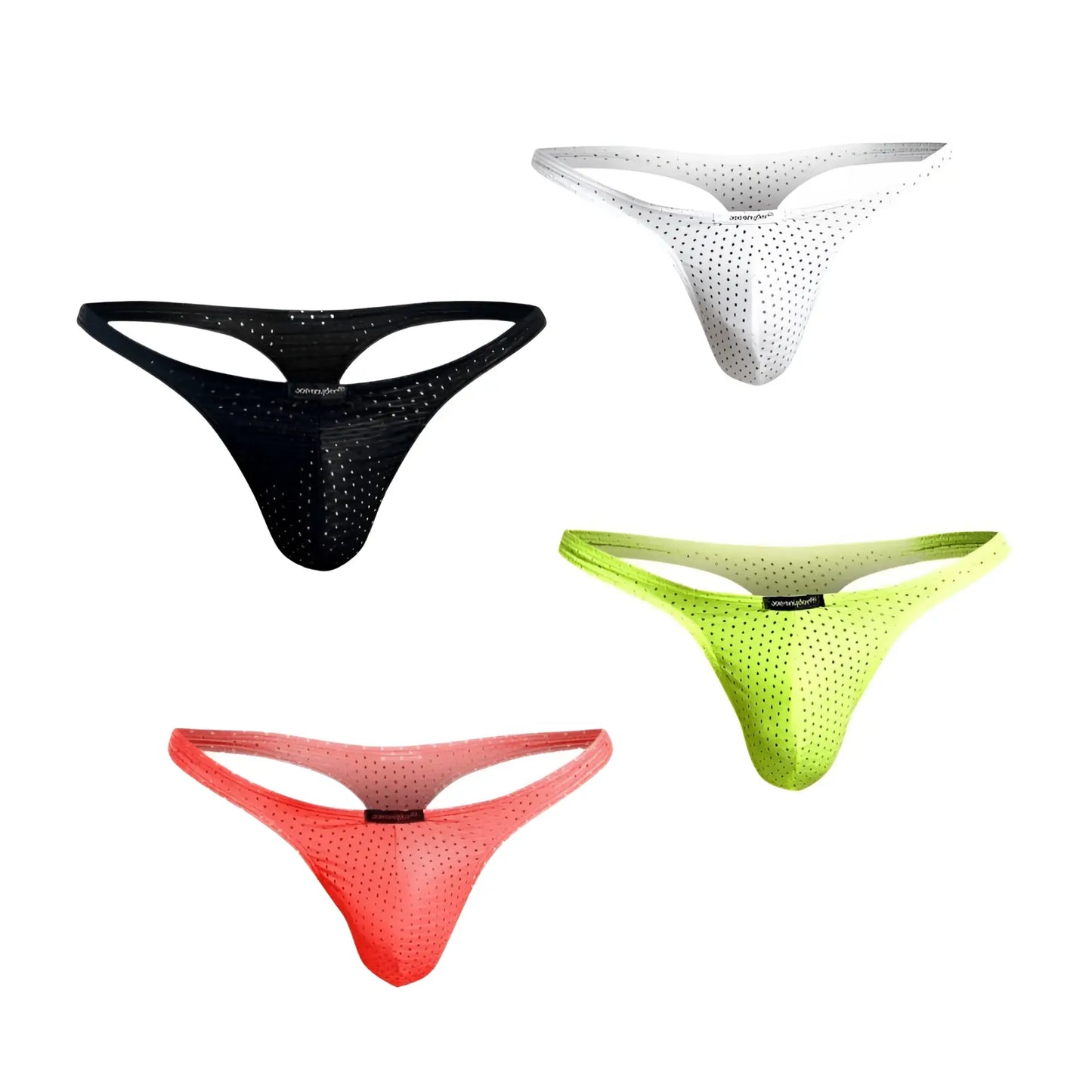 Set of four Joe Snyder Holes thong underwear in black white neon green and coral pink mesh material