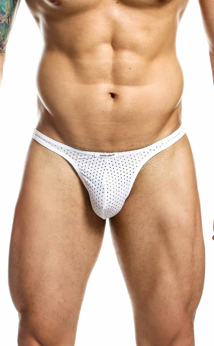 White mesh thong with small black dots by joe snyder showing breathable material and stylish design