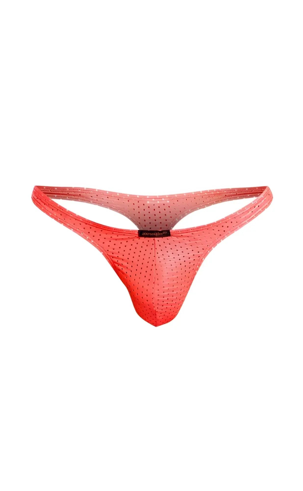 A vibrant coral-colored Joe Snyder Holes thong made of sheer mesh with a gradient effect and small perforations