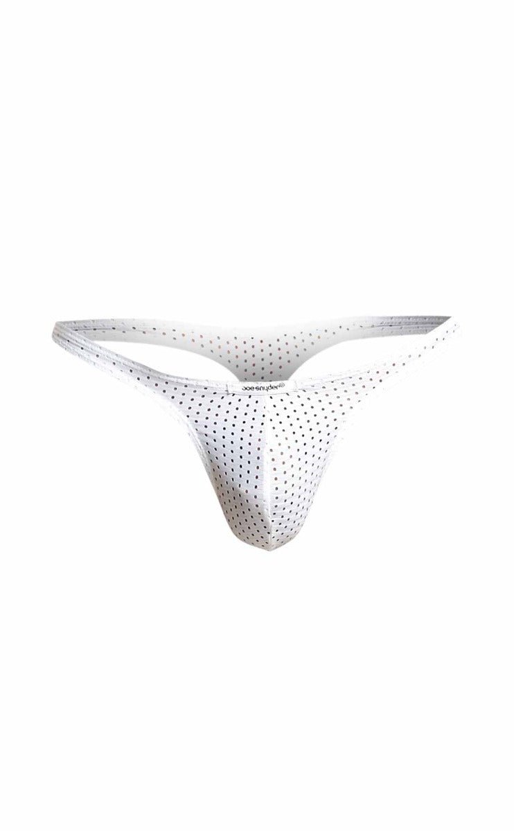 White perforated thong with sleek minimalist design by joe snyder shown from the back side