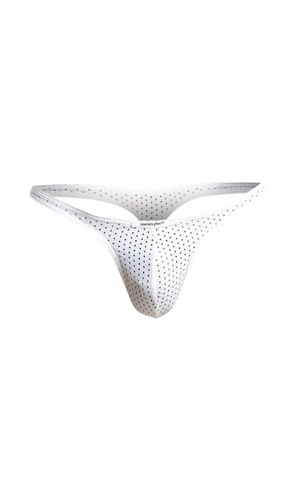 White perforated thong with sleek minimalist design by Joe Snyder shown from the back side