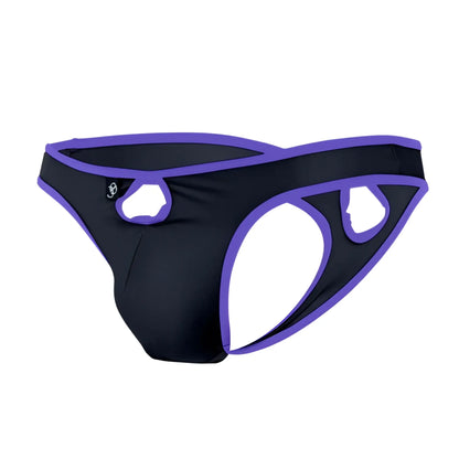 Black and purple joe snyder holes thong outlet cut-out briefs with sleek form-fitting design showing the back side