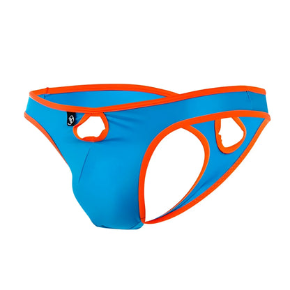 Bright blue and orange joe snyder holes thong brief with cut-out design and sleek modern style front view