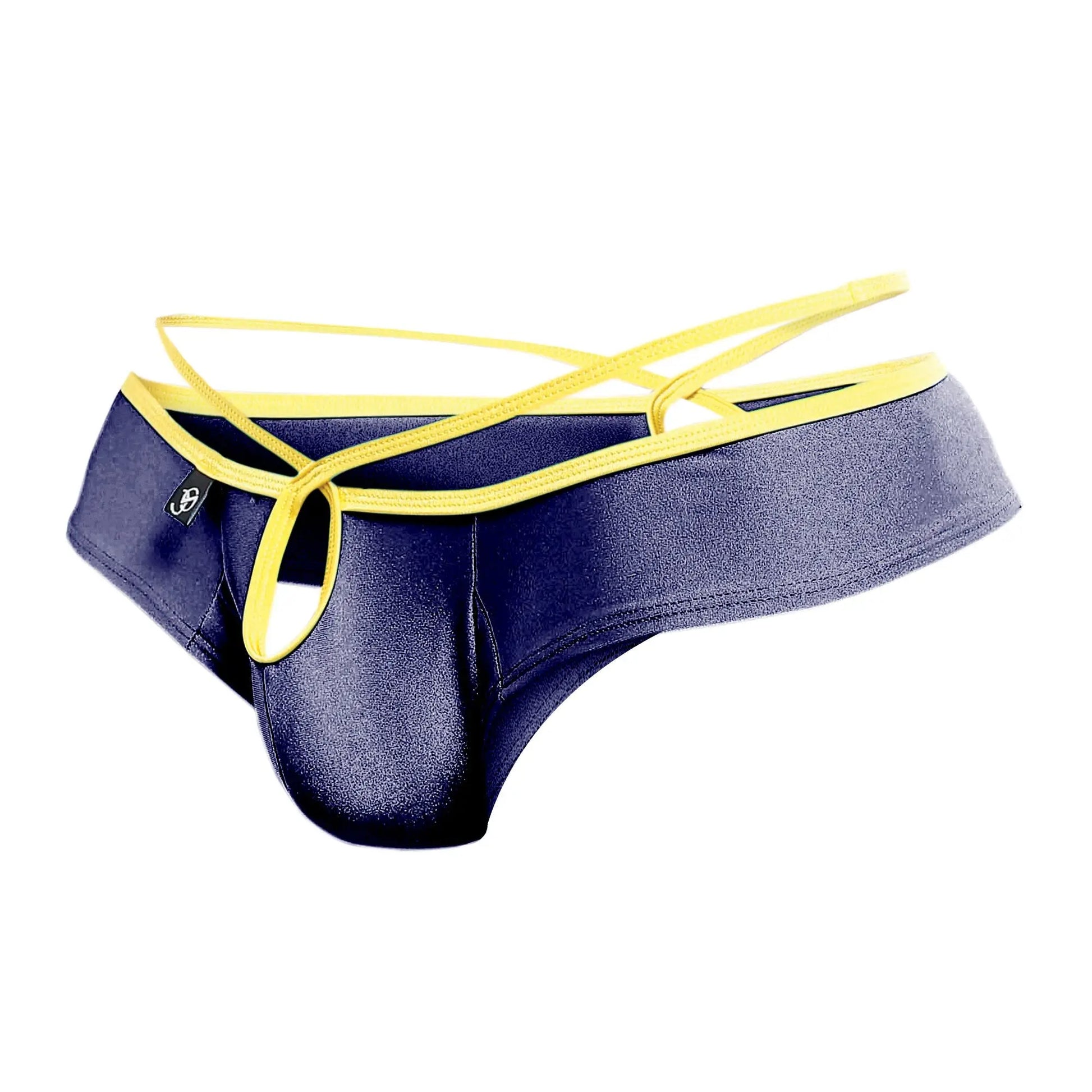 Navy blue shiny fabric joe snyder holes thong with yellow elastic straps and trim shown from the back side