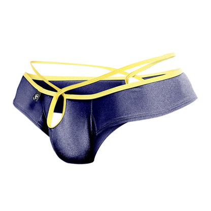 Navy blue shiny fabric joe snyder holes thong with yellow elastic straps and trim shown from the back side