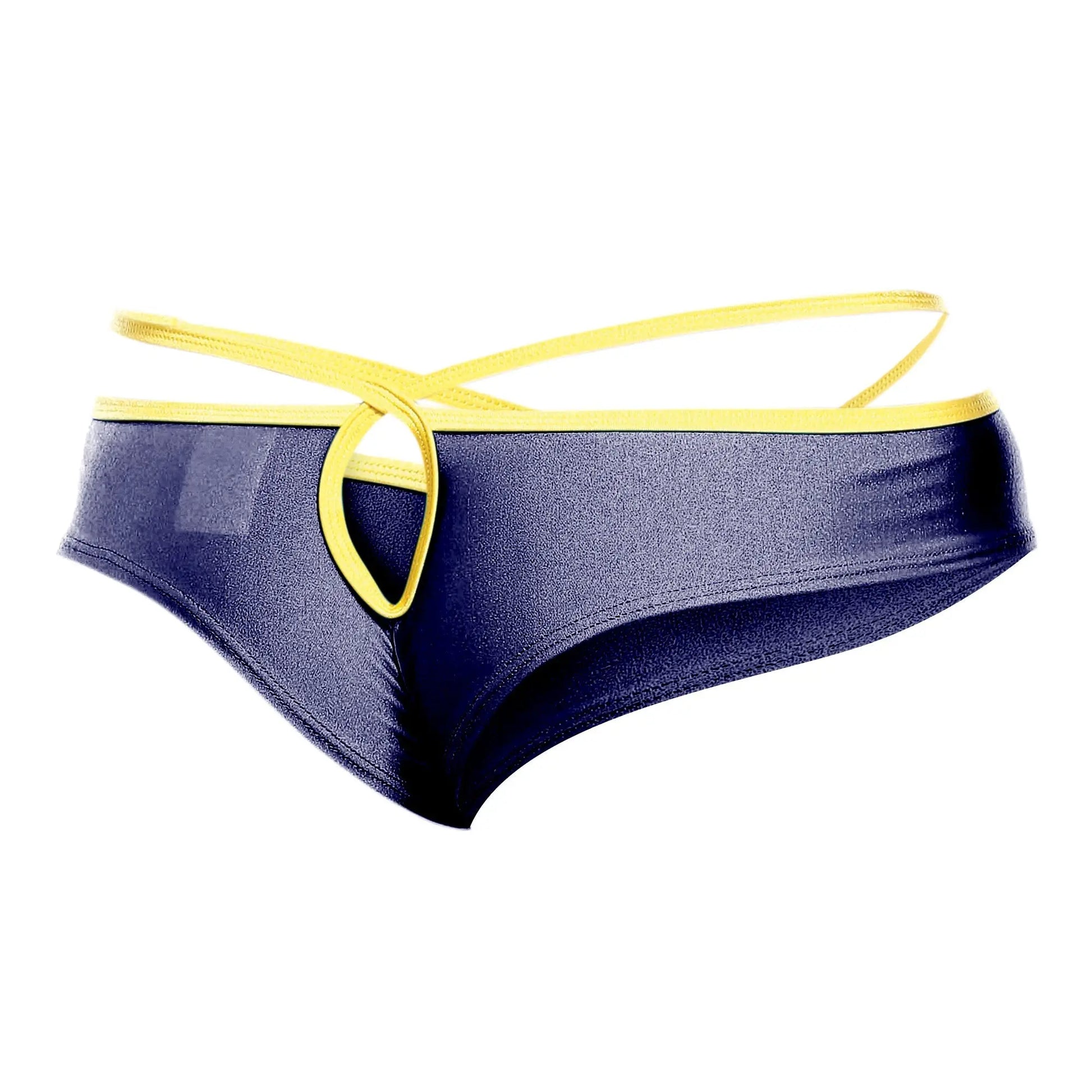 Navy blue shiny swim trunks with yellow trim and adjustable tie from joe snyder holes thong outlet showing front side
