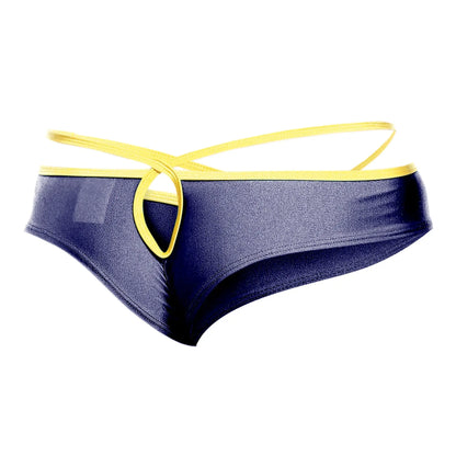 Navy blue shiny swim trunks with yellow trim and adjustable tie from joe snyder holes thong outlet showing front side