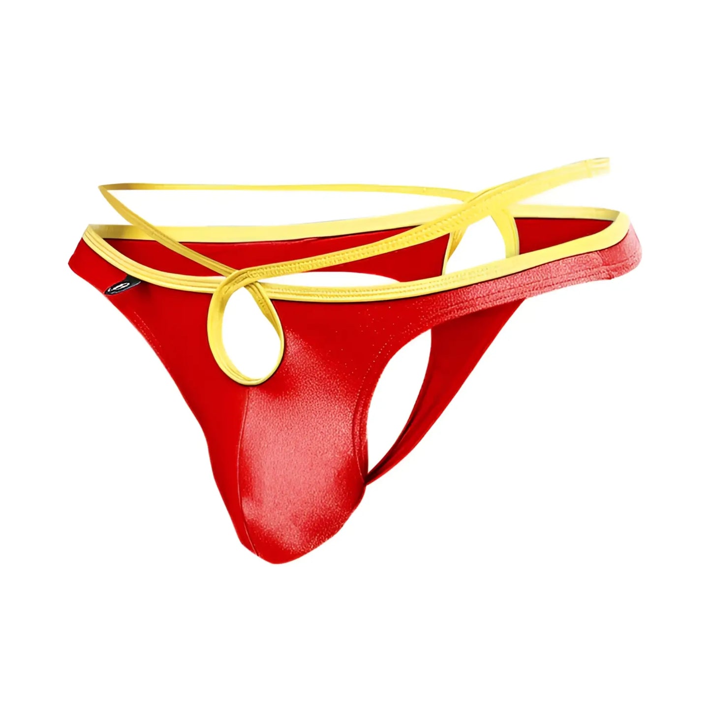 Joe snyder holes thong outlet red and yellow thong with shiny smooth material shown from the back side