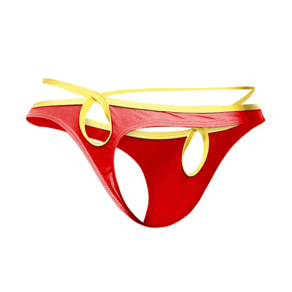 Red and yellow joe snyder holes thong made of shiny stretchy material shown from the back side