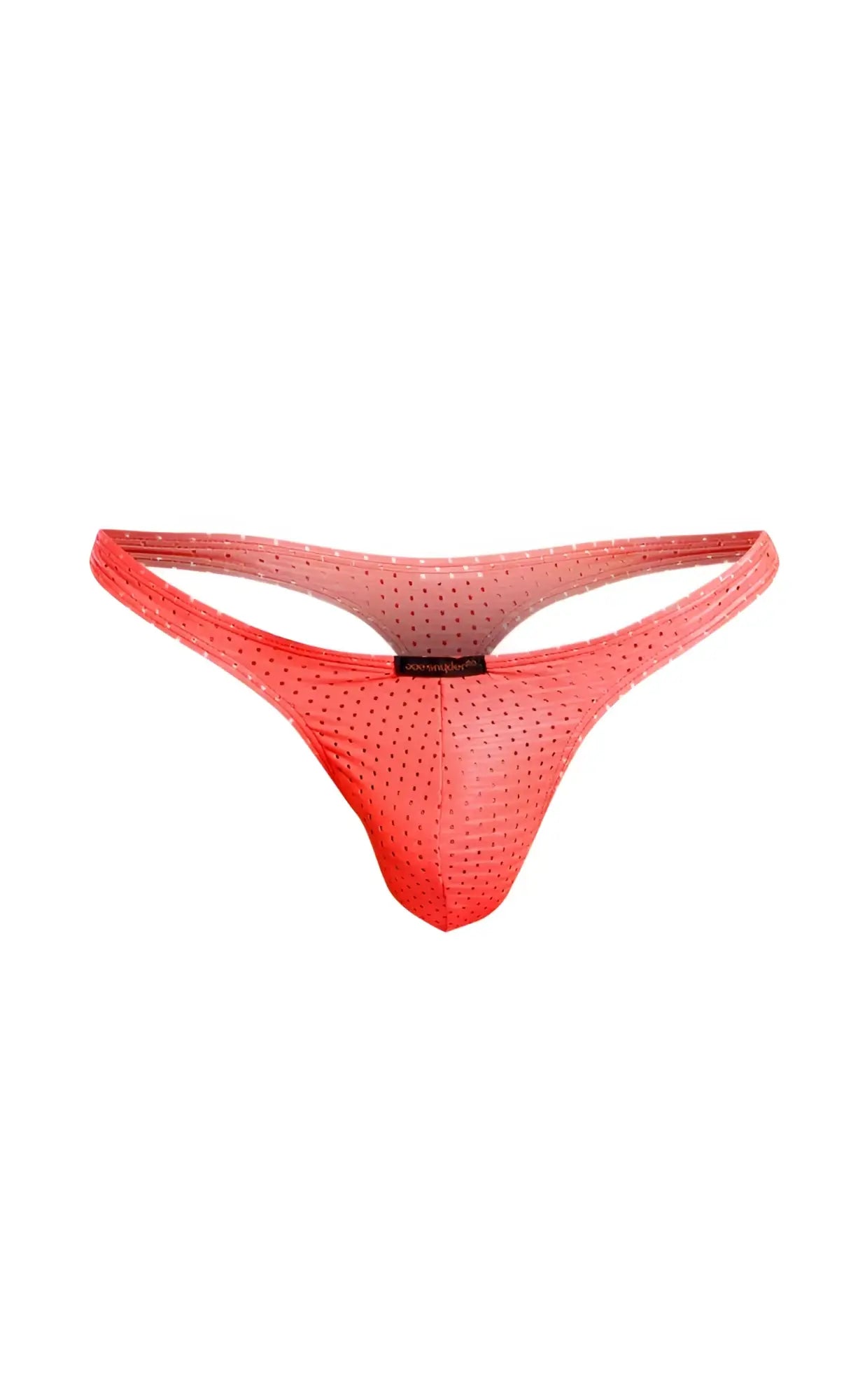 A vibrant coral-colored sheer mesh thong with dotted pattern and black joe snyder brand tag at the center