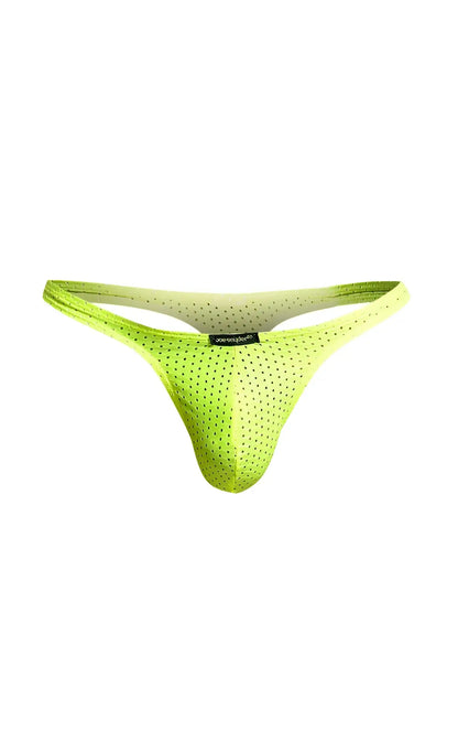 Vibrant neon green joe snyder holes thong with mesh material, subtle gradient, and perforated design visible from the back