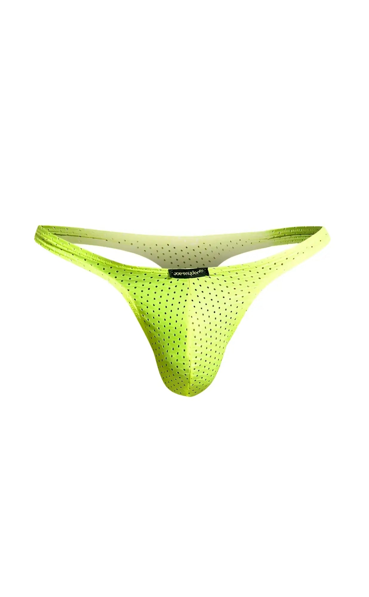 Vibrant neon green joe snyder holes thong with subtle gradient perforated mesh design front view