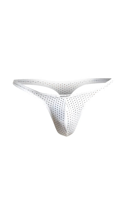 White thong with black polka dots made of breathable mesh material by joe snyder holes thong showing back side