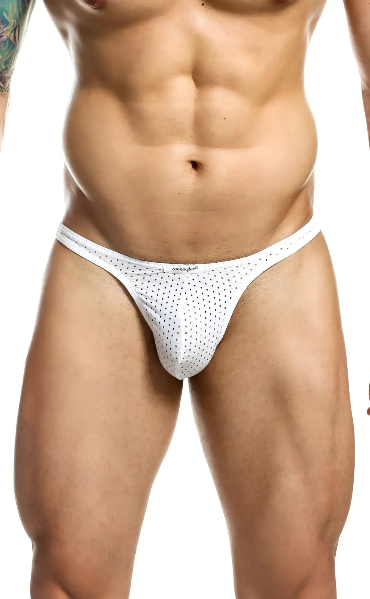 White mesh thong by joe snyder featuring a subtle pattern of small black dots in a breathable design