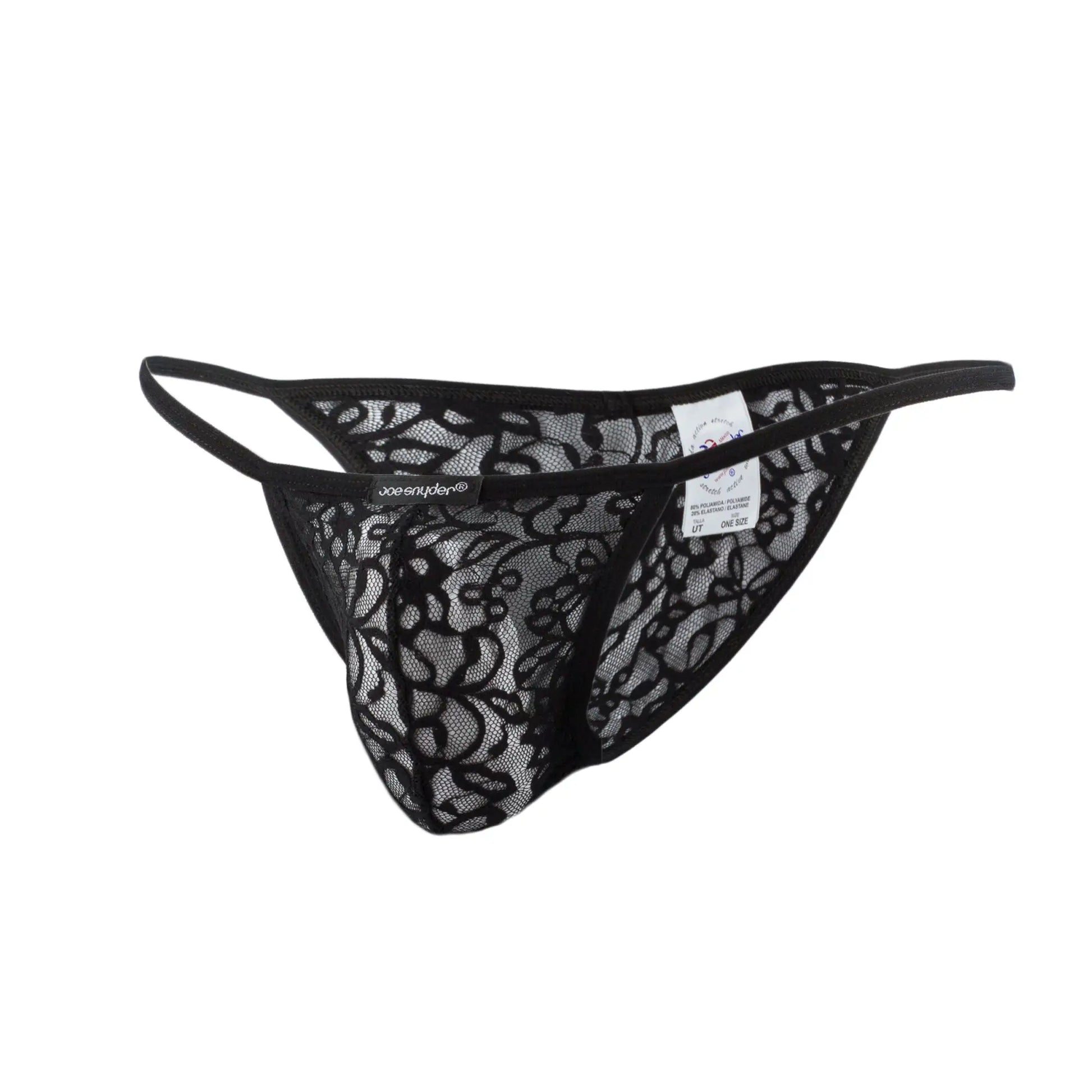 Black lace thong joe snyder kini with intricate floral patterns and a thin elastic waistband visible from the back