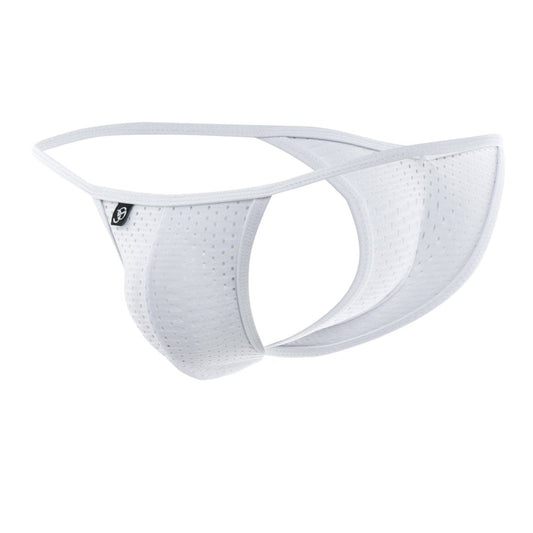 White perforated mesh men’s thong with sleek contoured design and subtle branding tag by joe snyder kini holes