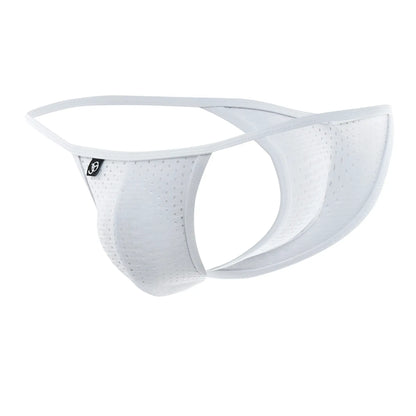 White perforated mesh men’s thong with sleek contoured design and subtle branding tag by joe snyder kini holes