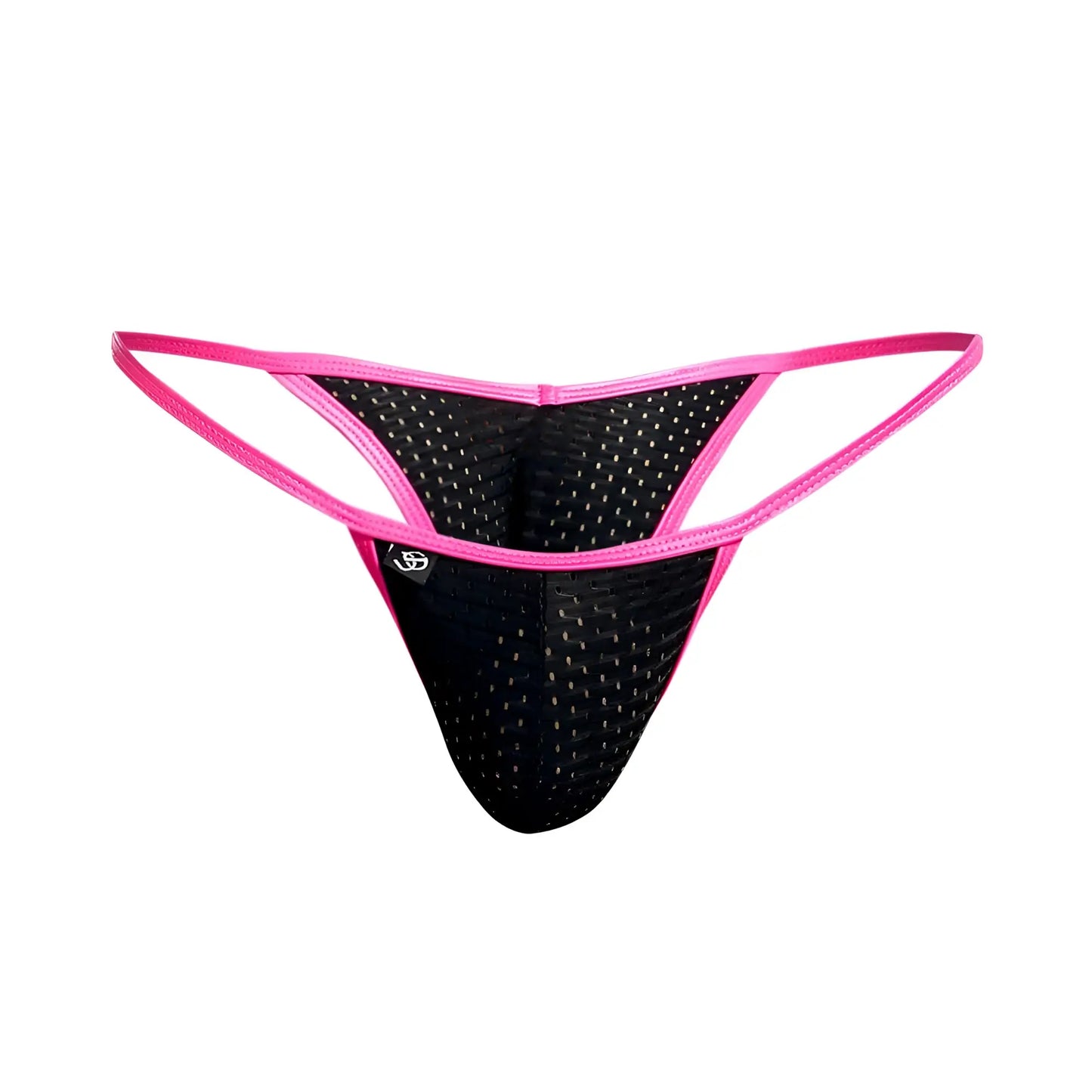 Black mesh thong with vibrant pink trim and subtle logo on the side from Joe Snyder Kini Holes collection