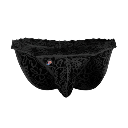 Black lace low rise bikini briefs joe snyder jslo1 featuring intricate floral patterns and scalloped waistband