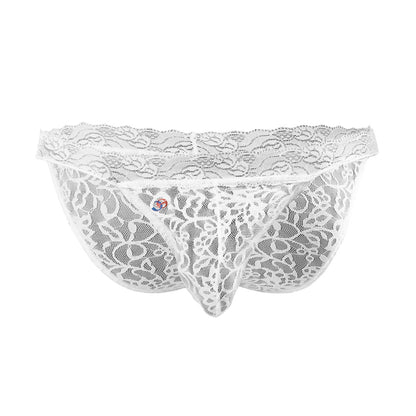 White lace thong joe snyder low rise bikini brief with intricate floral patterns and sheer mesh design