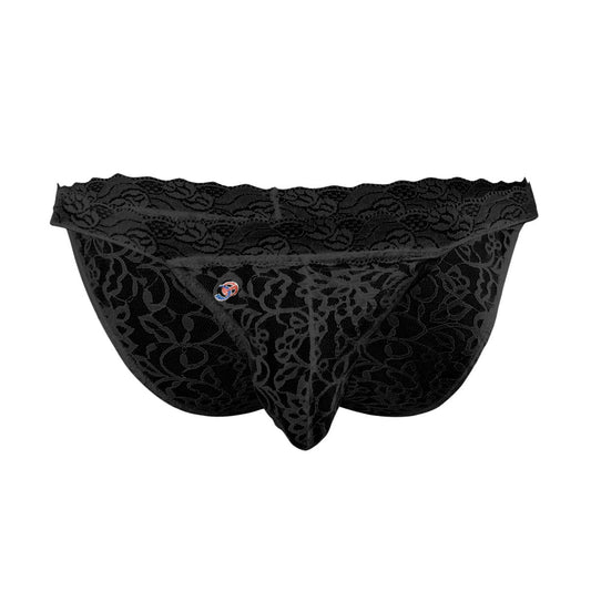 Black lace low rise bikini briefs with intricate floral patterns and scalloped waistband by Joe Snyder JSL01