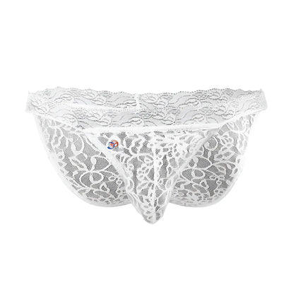 White lace thong low rise bikini brief by joe snyder with intricate floral patterns and sheer mesh design