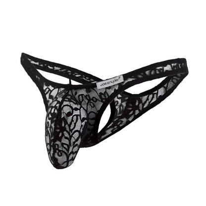 Black lace thong with intricate floral patterns and branded label from joe snyder maxi bulge thong collection
