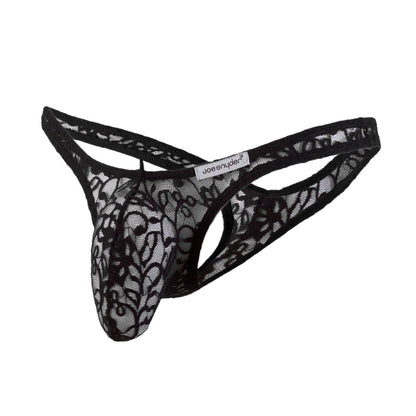 Black lace thong with intricate floral patterns and branded joe snyder label for enhanced maxi bulge support