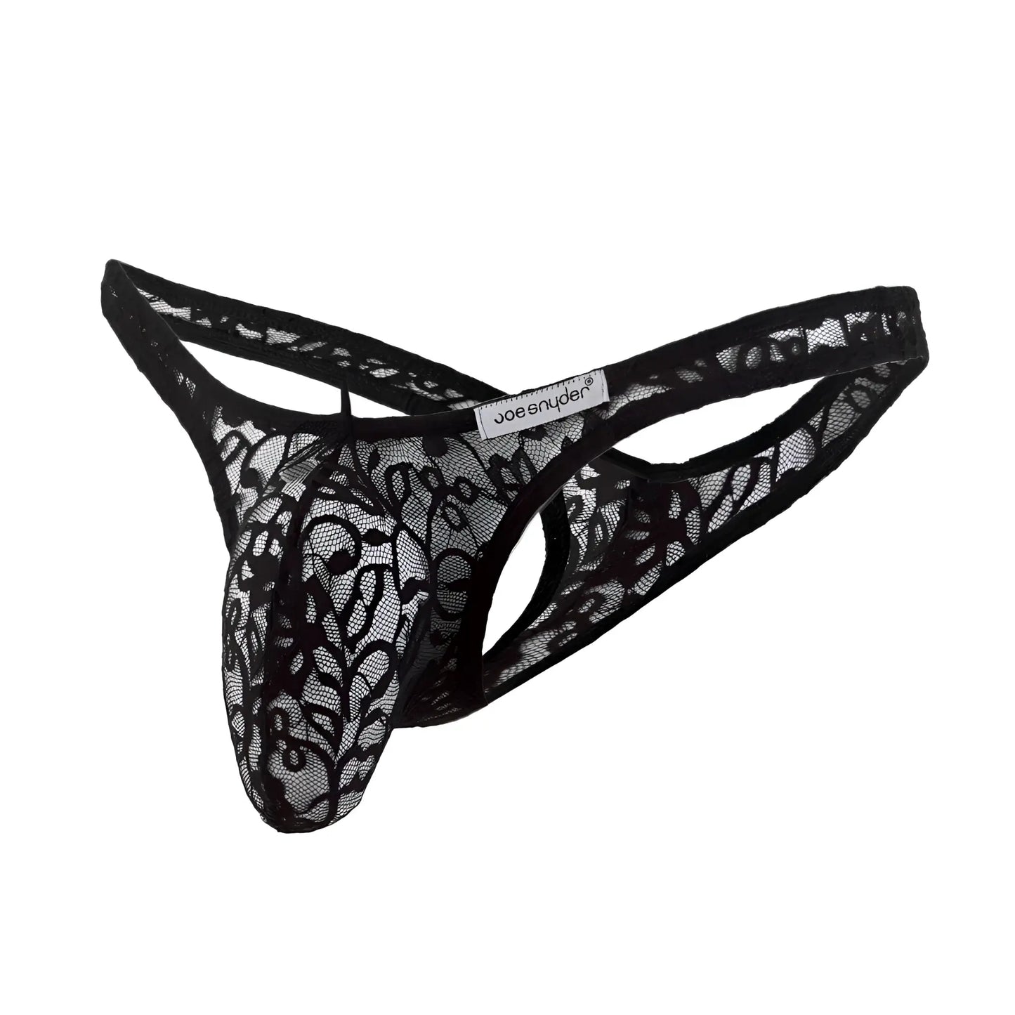 Black lace thong with intricate floral patterns and branded joe snyder label for enhanced maxi bulge support