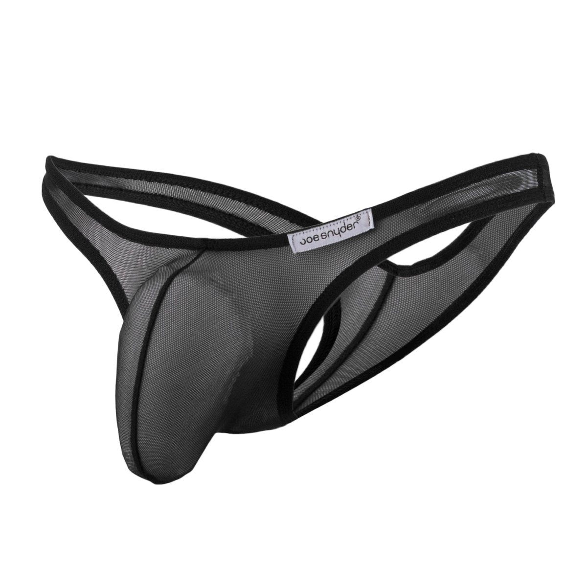 Black mesh joe snyder maxi bulge thong with black trim and branded label shown from front view